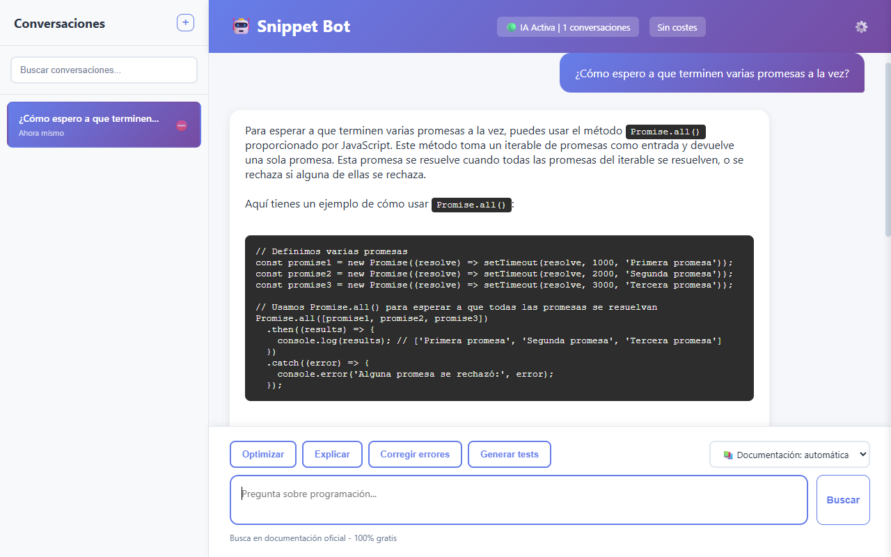 Coding Assistant Free respondiendo cómo esperar a varias promesas con Promise.all, con fuentes de MDN