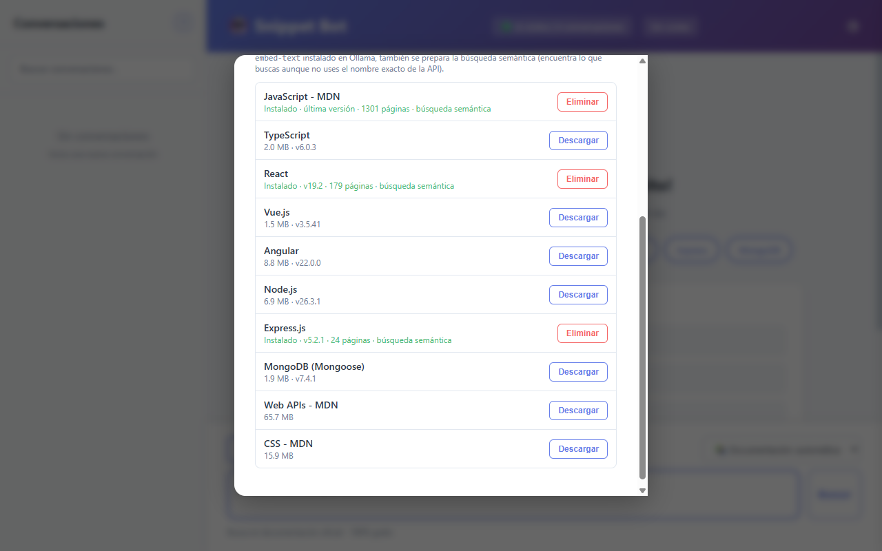 Lista de paquetes de documentación offline con tres paquetes instalados