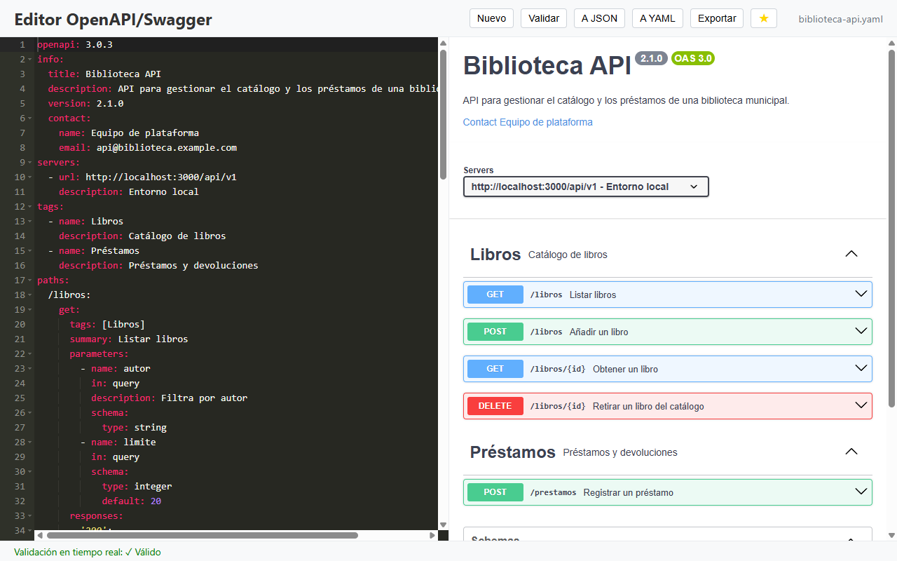 Ventana de OpenAPI Swagger Editor con el YAML de la especificación a la izquierda y la vista previa de Swagger UI a la derecha