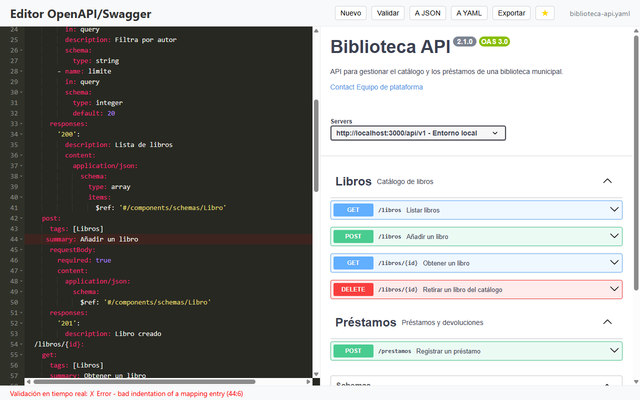 Línea con un error de indentación resaltada en rojo en el editor