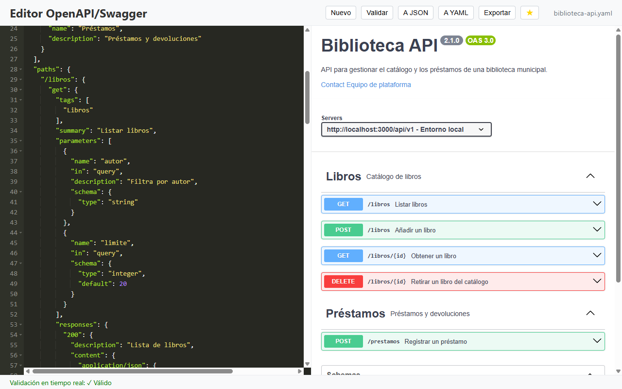 La especificación convertida a JSON en el editor