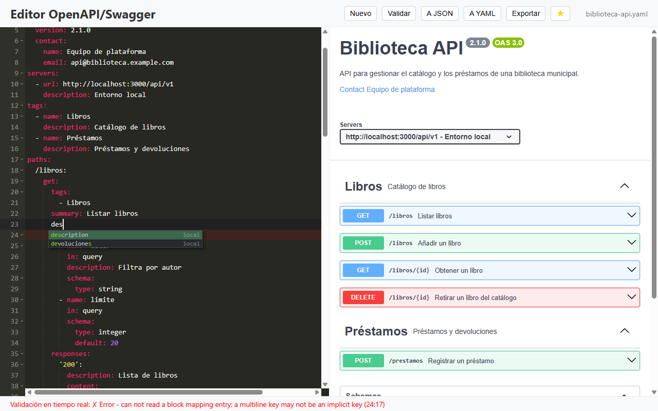 Menú de autocompletado del editor con sugerencias
